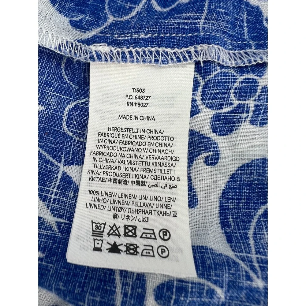Boden Womens 10 Blue White Floral Linen Smocked Puff Sleeve Button Down Blouse
